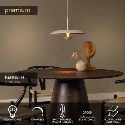 Lucide KENNETH - Suspension - Ø 40 cm - LED Dim. - 1x12W 2700K - Blanc | Premium - USP